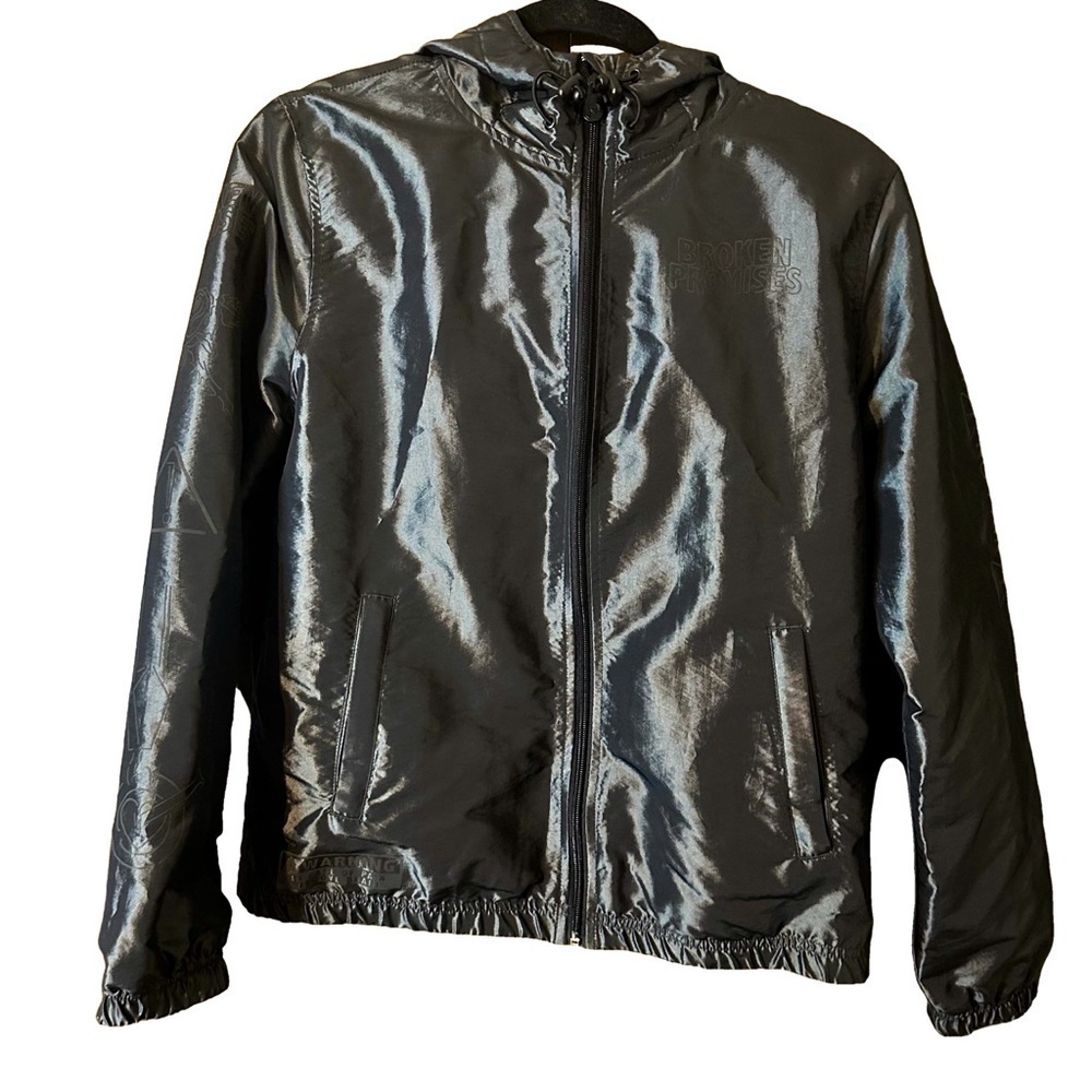 Broken Promises Men’s Performance Zip-Up Jacket Logo Oil Slick Holo Black Sz M